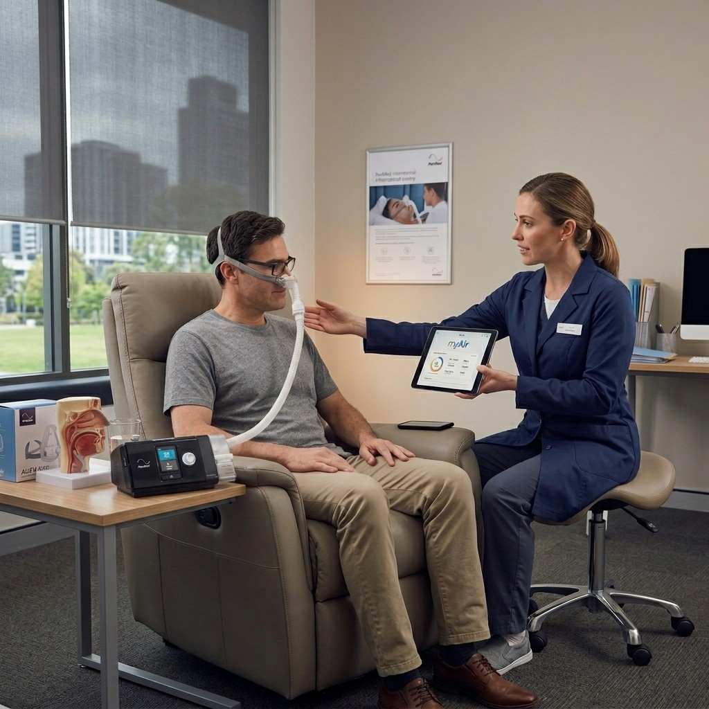 Homem dormindo confortavelmente com CPAP nasal discreto